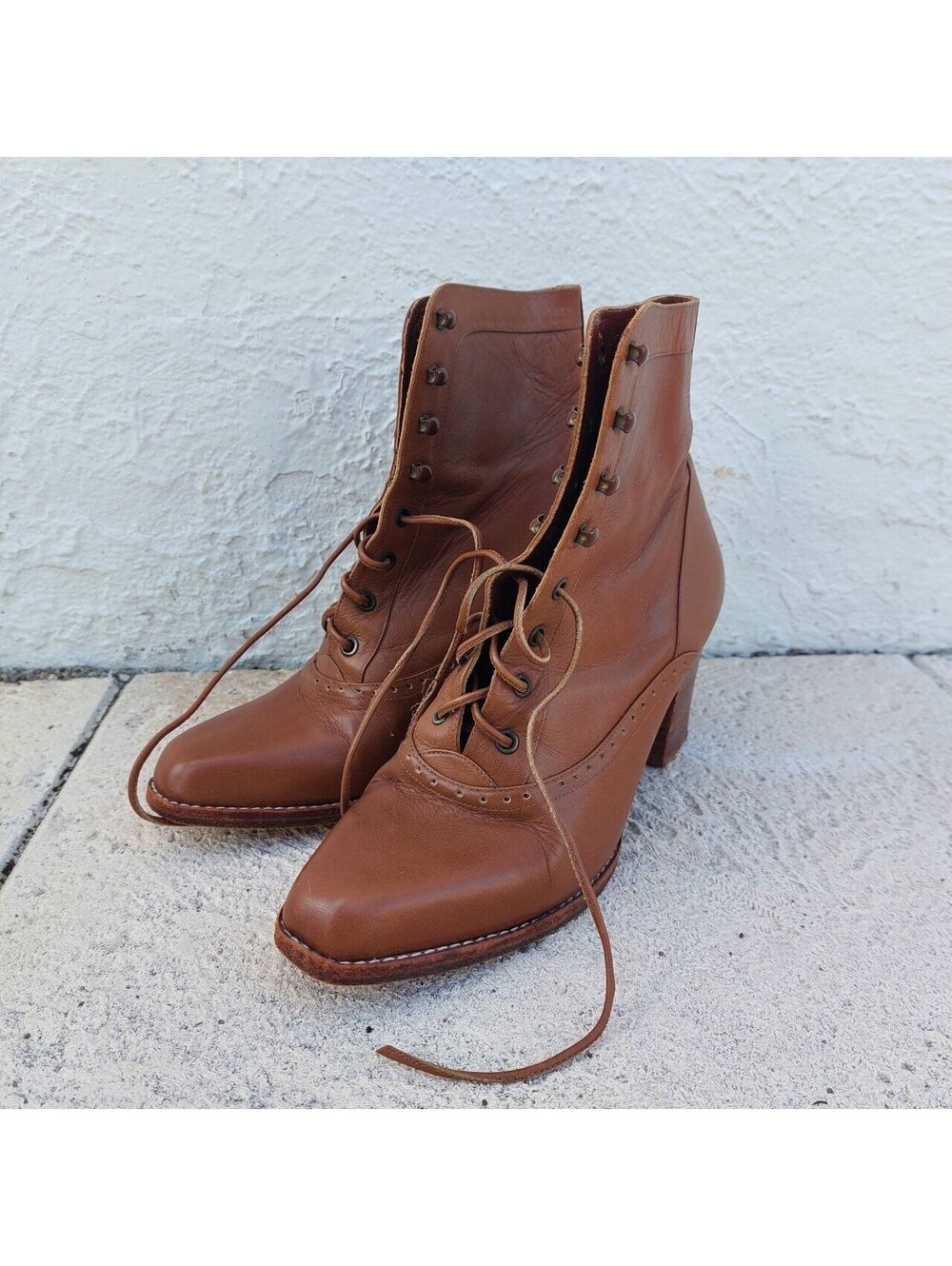 Vintage 90s Mulher Brown Leather Lace Up Ankle Boots Chunky Heel Women’s Size 5